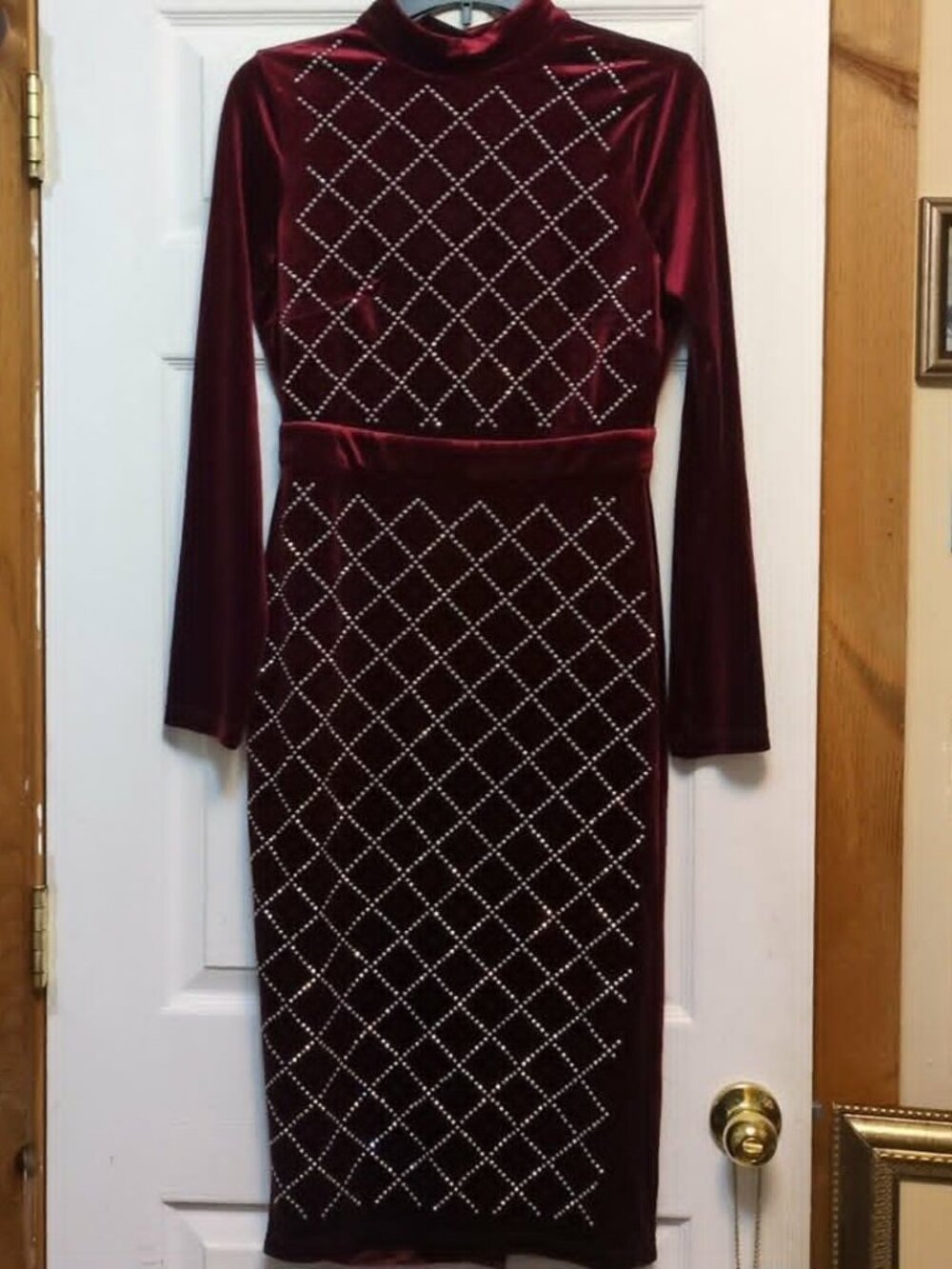 Xtaren Sz Large Burgundy Velvet Rhinestone Dress High Neck Bodycon Sexy Luxe